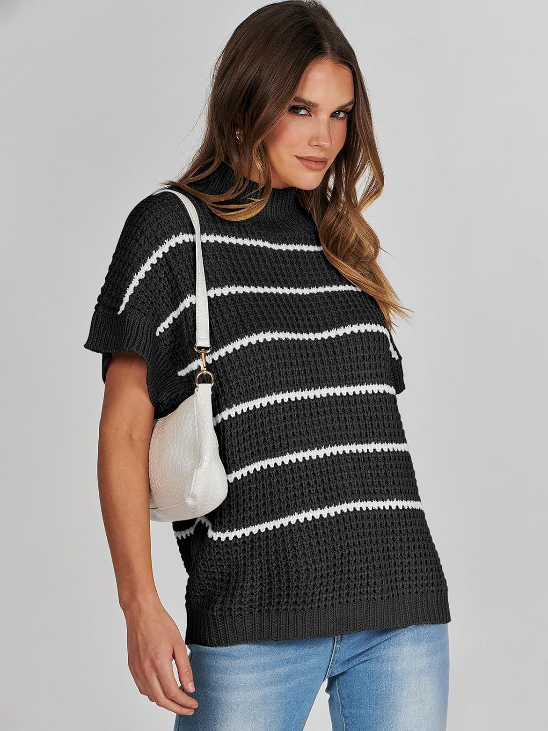 Womens Oversized Short Batwing Sleeve Sweater Mock Neck Casual 2024 Fall Knit Sleeveless Pullover Vest Tops