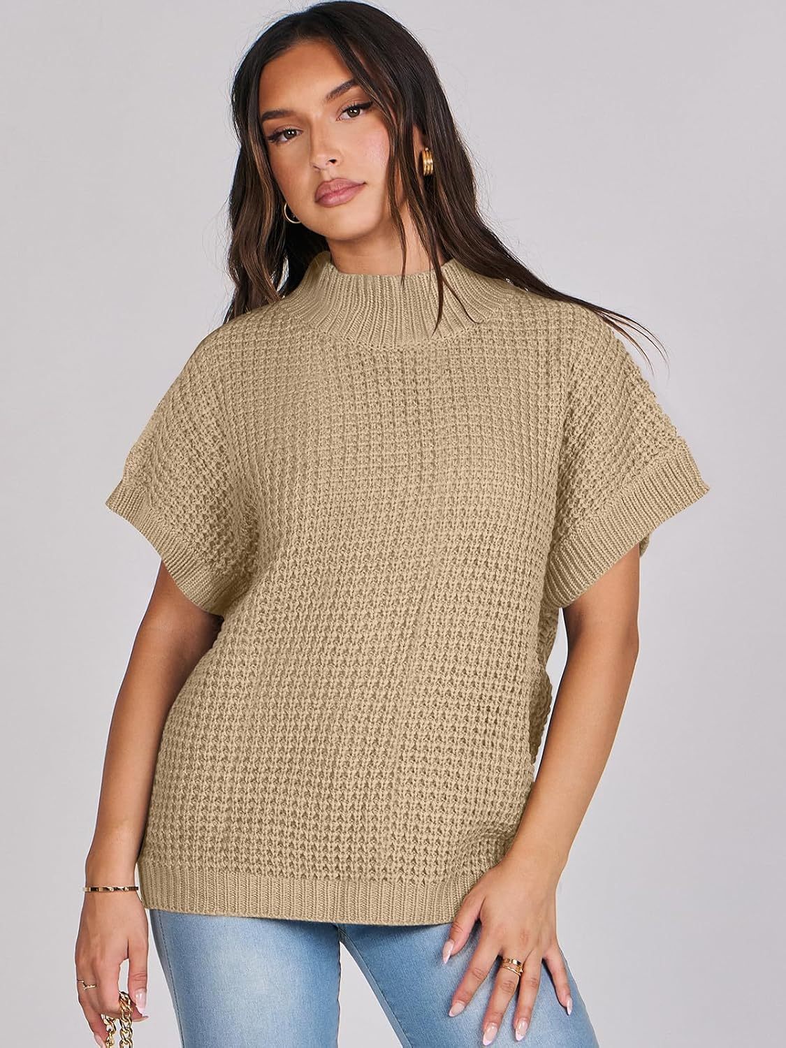 Womens Oversized Short Batwing Sleeve Sweater Mock Neck Casual 2024 Fall Knit Sleeveless Pullover Vest Tops