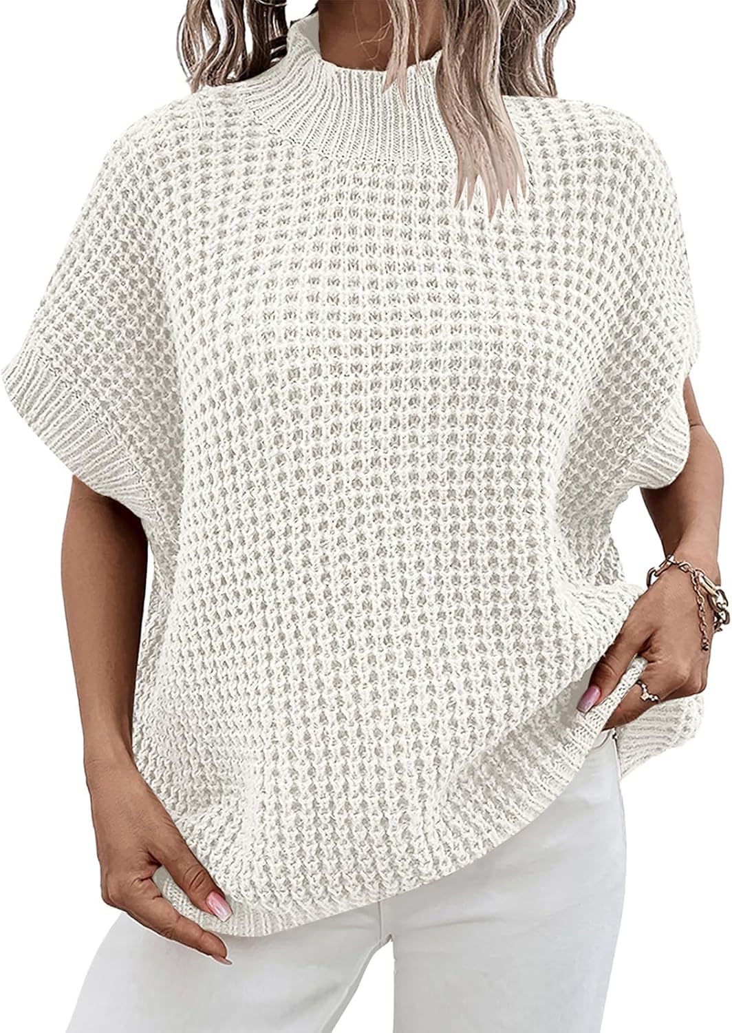 Womens Oversized Short Batwing Sleeve Sweater Mock Neck Casual 2024 Fall Knit Sleeveless Pullover Vest Tops