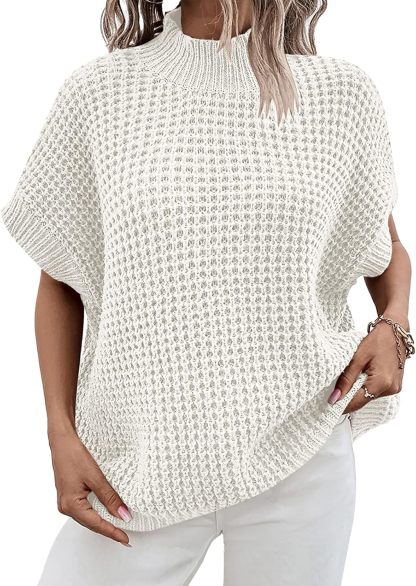 Womens Oversized Short Batwing Sleeve Sweater Mock Neck Casual 2024 Fall Knit Sleeveless Pullover Vest Tops