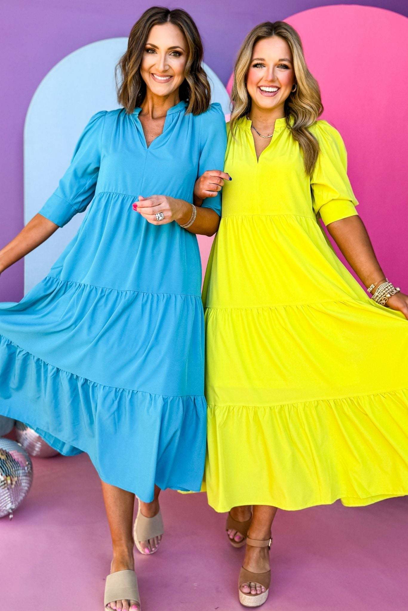 V-Nack Three Quarter Sleeve Tiered Midi Dress