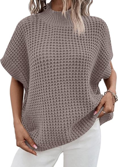 Womens Oversized Short Batwing Sleeve Sweater Mock Neck Casual 2024 Fall Knit Sleeveless Pullover Vest Tops