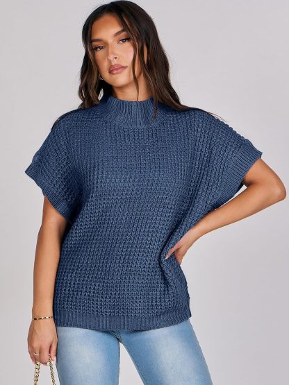Womens Oversized Short Batwing Sleeve Sweater Mock Neck Casual 2024 Fall Knit Sleeveless Pullover Vest Tops
