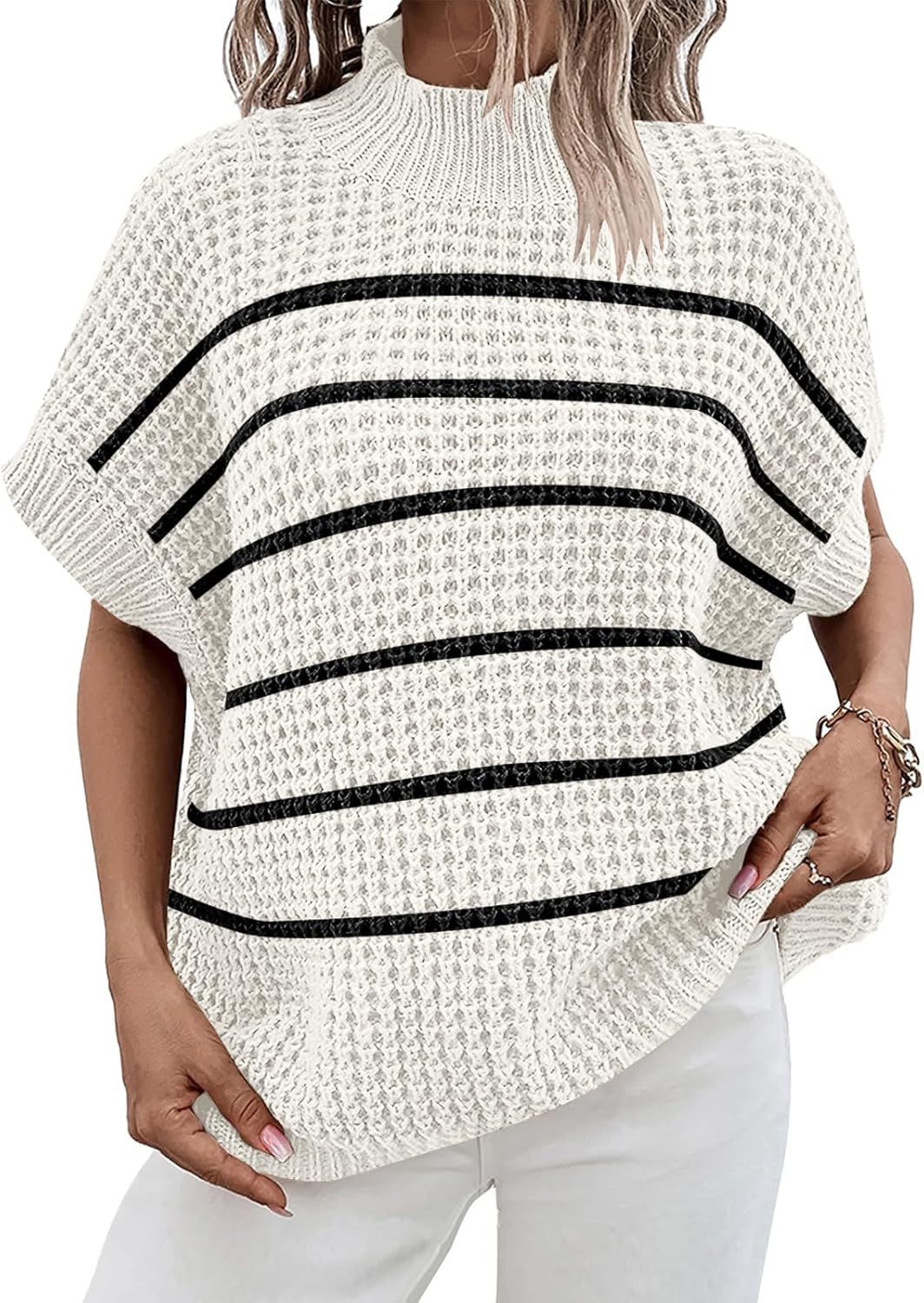 Womens Oversized Short Batwing Sleeve Sweater Mock Neck Casual 2024 Fall Knit Sleeveless Pullover Vest Tops