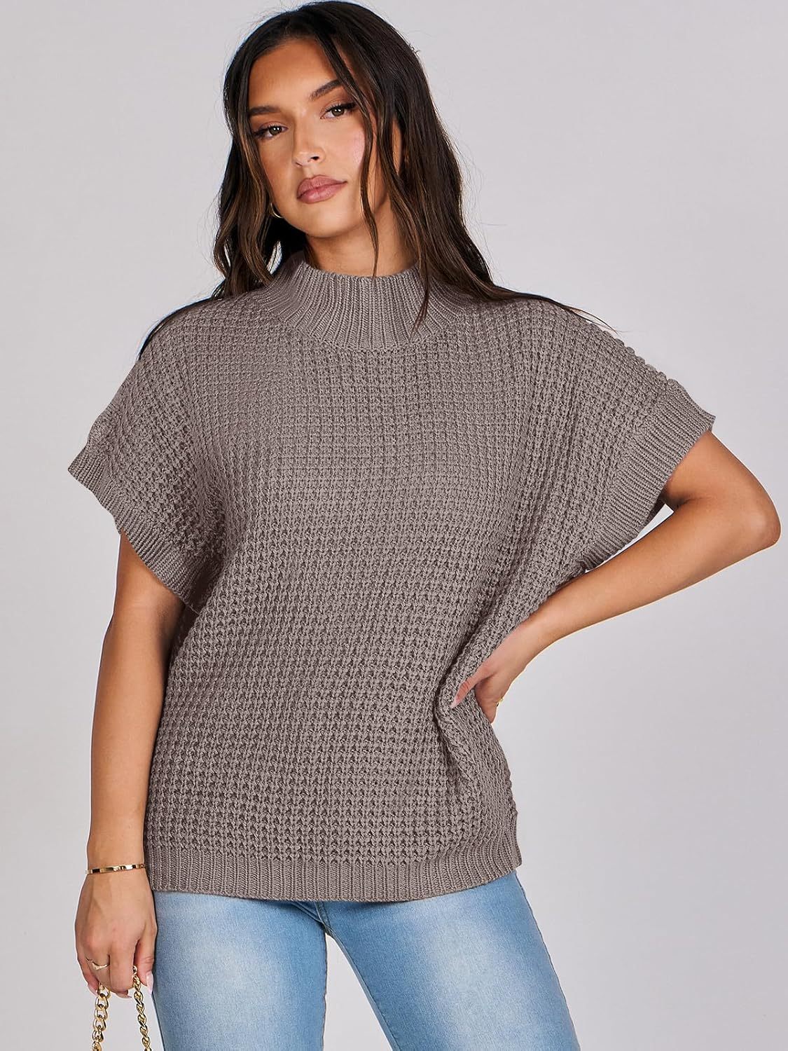 Womens Oversized Short Batwing Sleeve Sweater Mock Neck Casual 2024 Fall Knit Sleeveless Pullover Vest Tops