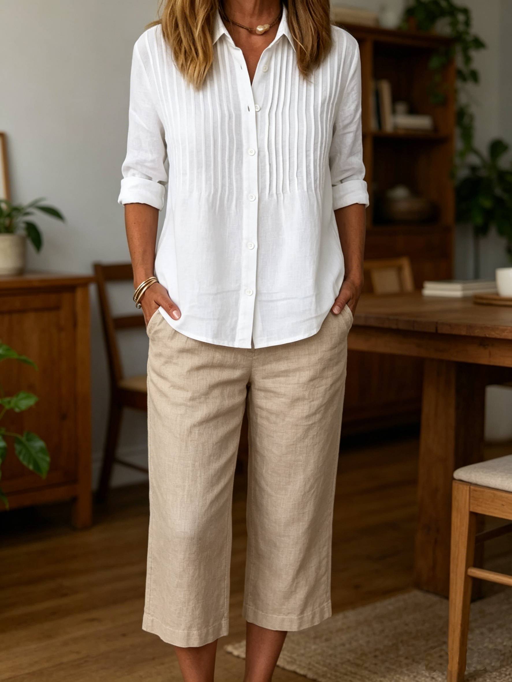 Women's Solid-color Casual Pleated Cotton-linen Shirt