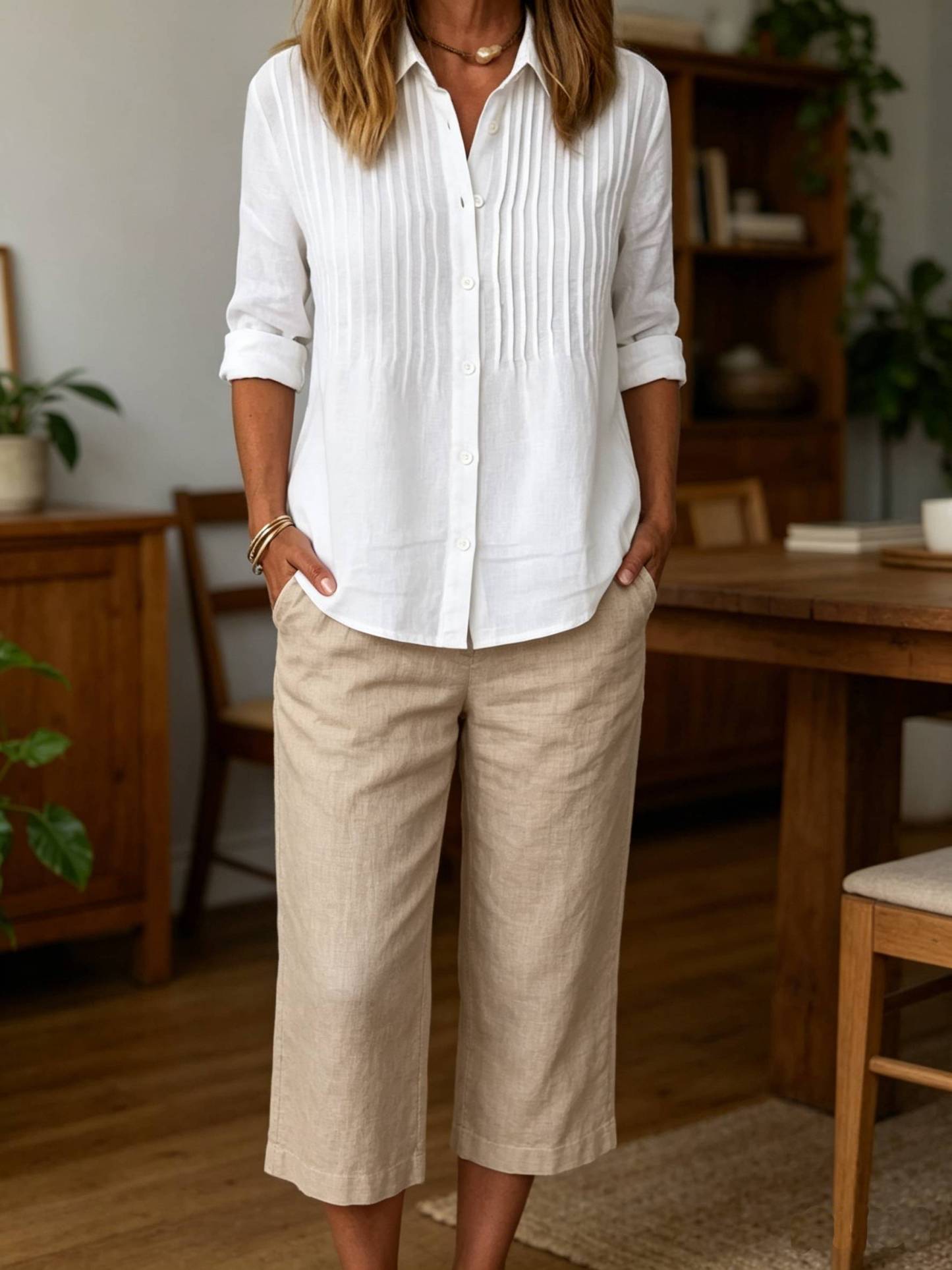 Women's Solid-color Casual Pleated Cotton-linen Shirt