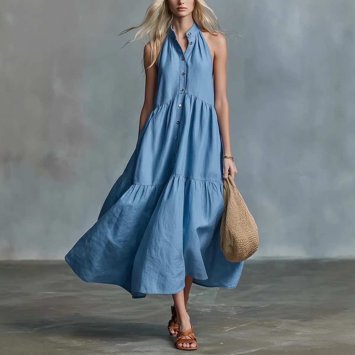 Women’s Sleeveless Tiered Linen-Blend Maxi Dress