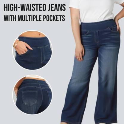 💥Discount Sale 55% Off🔥Women's High-Waisted Washed Baggy Wide-Leg Stretchy Knit Jeans with Multiple Pockets