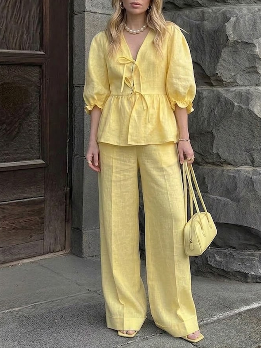 Women’s Pure Linen Lace-Up Top & Wide Leg Pants Set