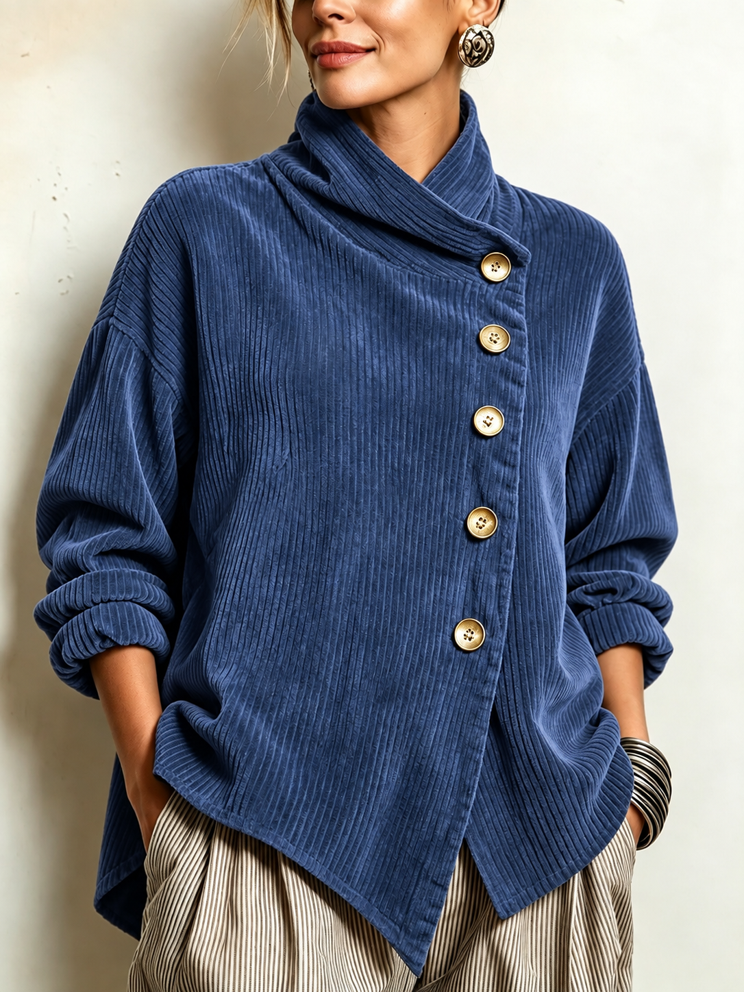 Chic High Funnel Neck Asymmetric Corduroy Top