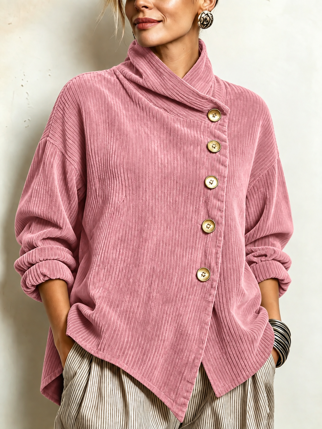 Chic High Funnel Neck Asymmetric Corduroy Top