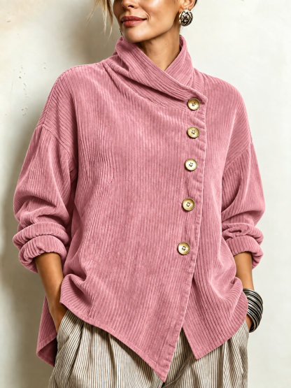 Chic High Funnel Neck Asymmetric Corduroy Top