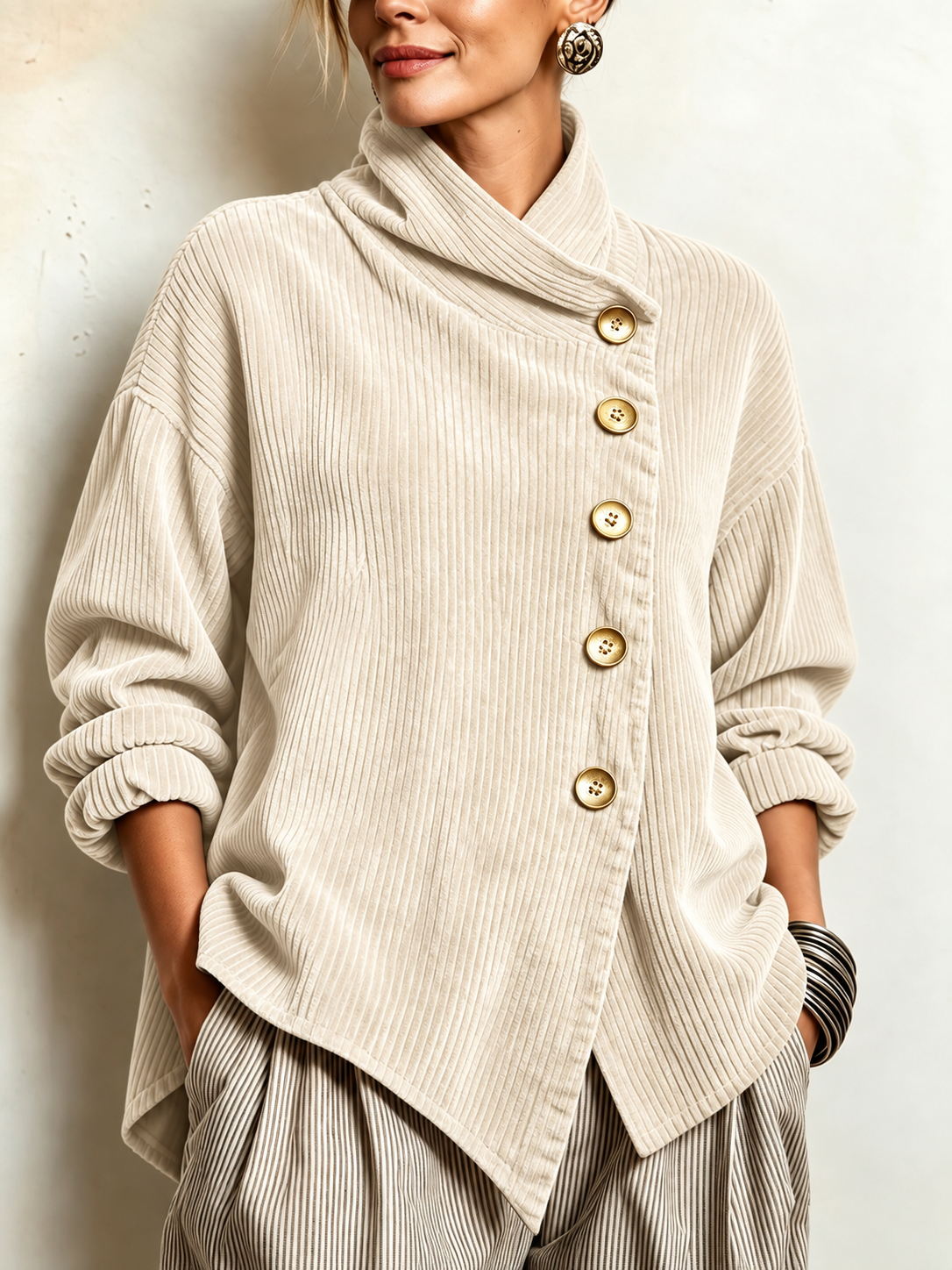 Chic High Funnel Neck Asymmetric Corduroy Top