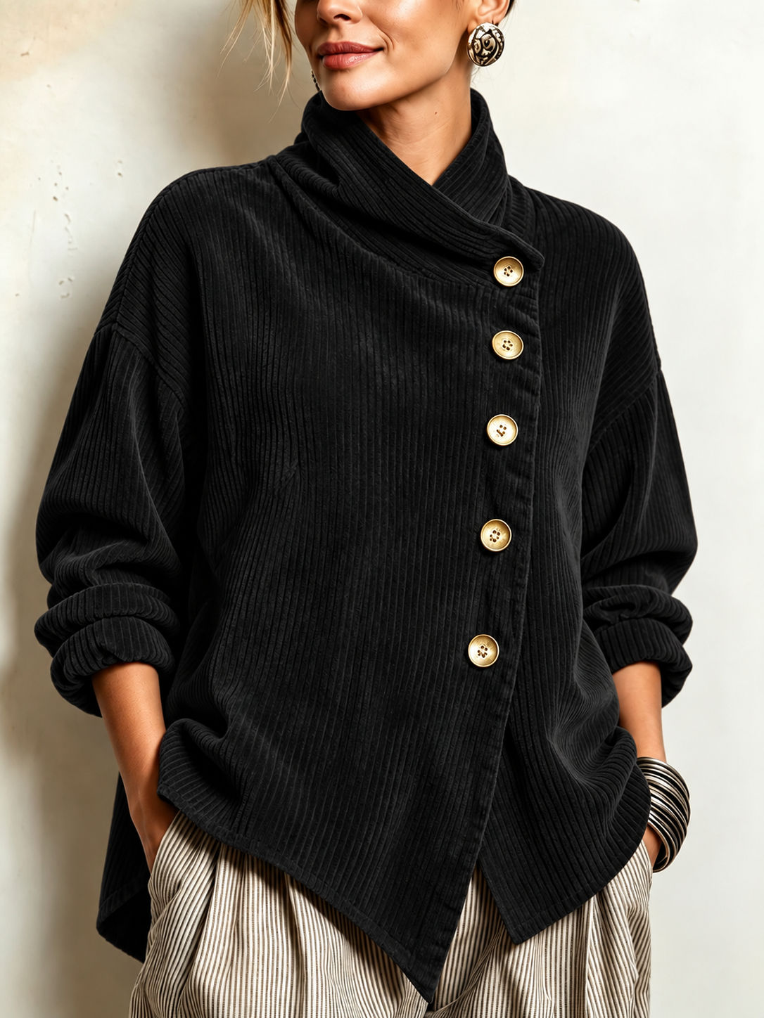 Chic High Funnel Neck Asymmetric Corduroy Top