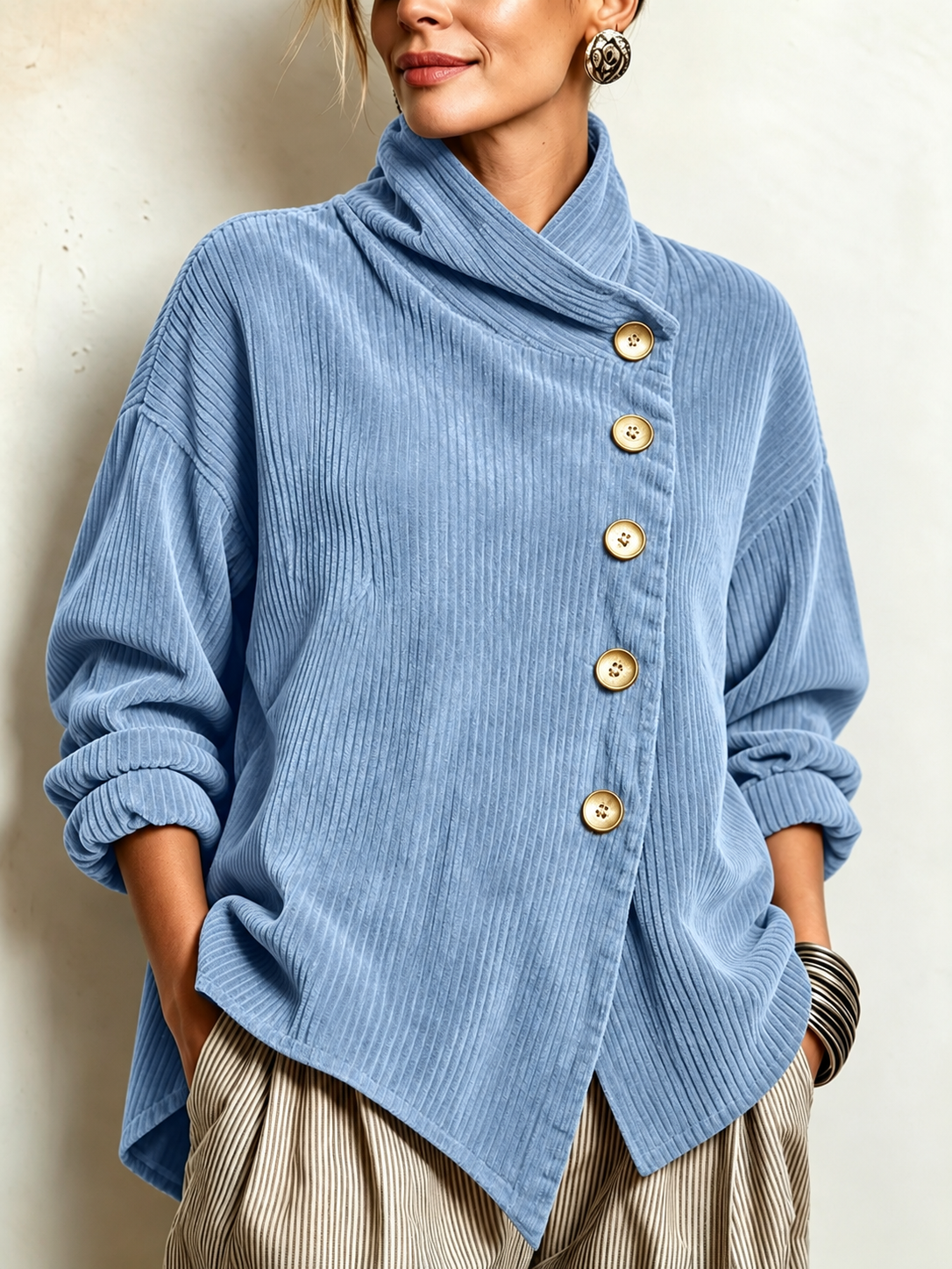 Chic High Funnel Neck Asymmetric Corduroy Top