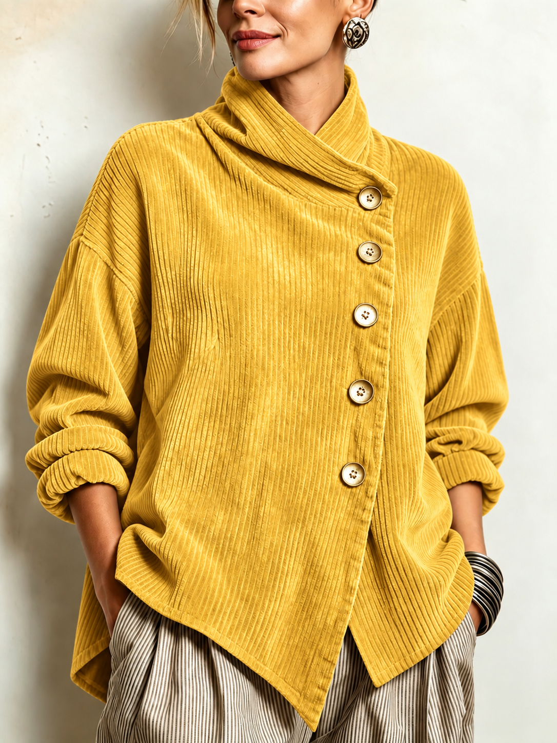 Chic High Funnel Neck Asymmetric Corduroy Top
