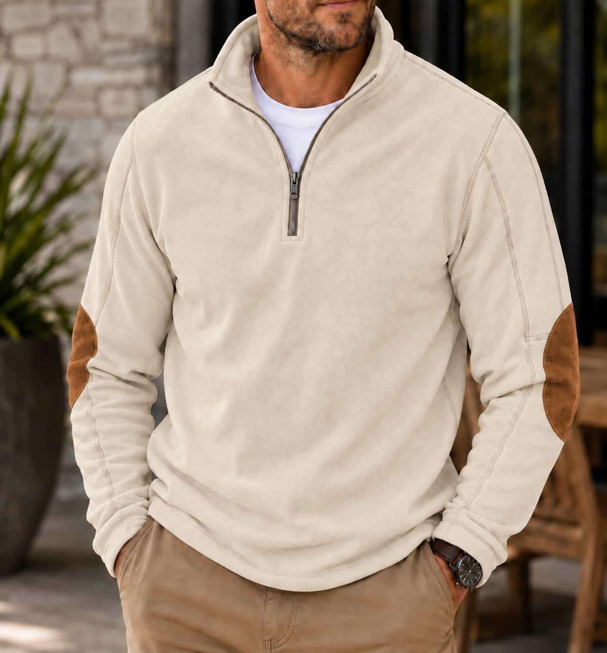 Men's Textured Quarter-Zip Pullover Casual Long Sleeve Top