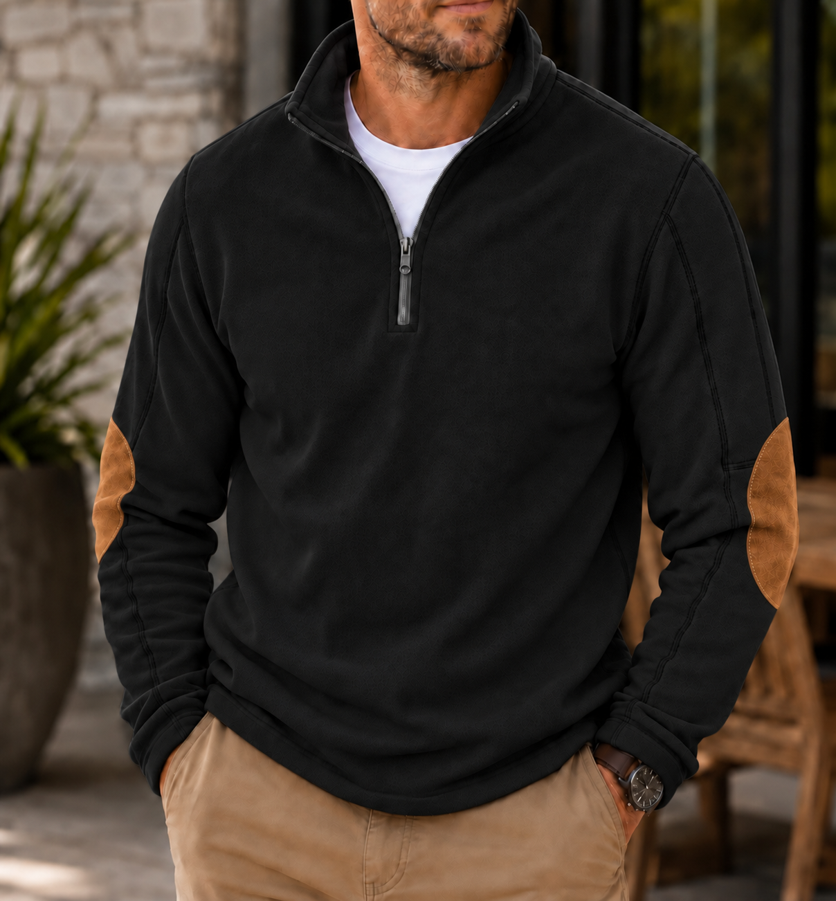 Men's Textured Quarter-Zip Pullover Casual Long Sleeve Top