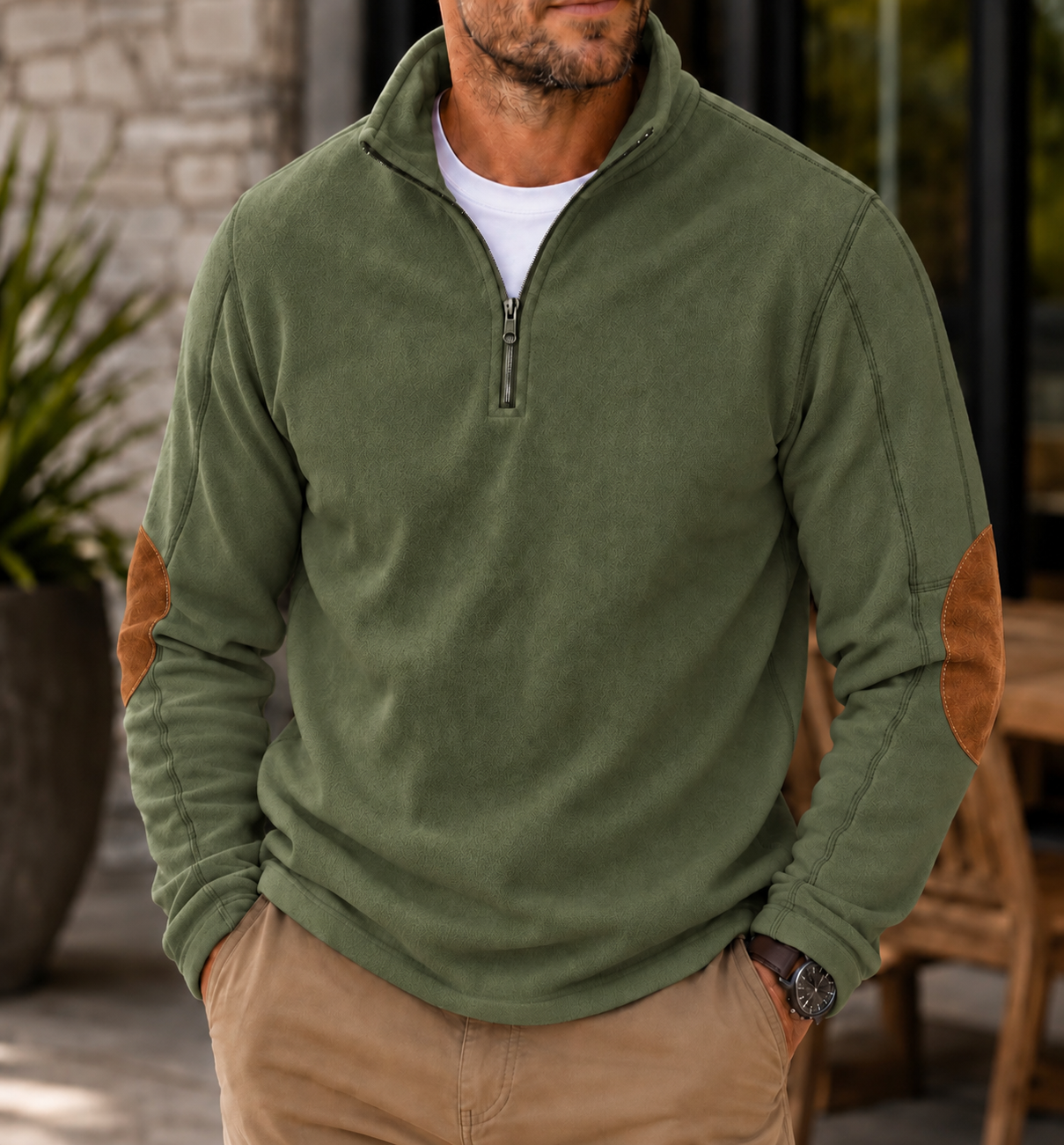 Men's Textured Quarter-Zip Pullover Casual Long Sleeve Top