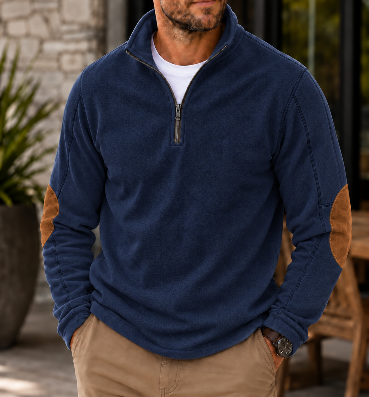 Men's Textured Quarter-Zip Pullover Casual Long Sleeve Top