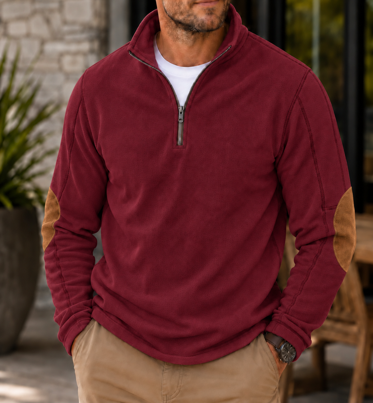 Men's Textured Quarter-Zip Pullover Casual Long Sleeve Top