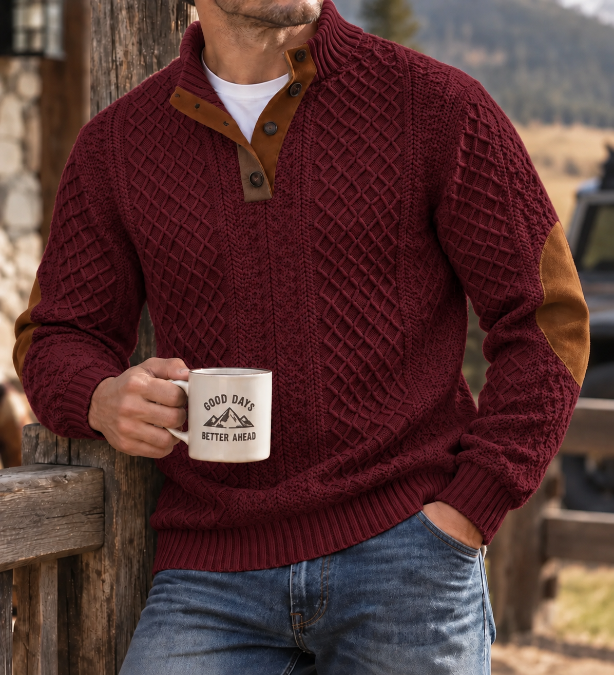 MIVANITY Highland Heritage Knit Henley Sweater Rugged Outdoor Style With Timeless Comfort
