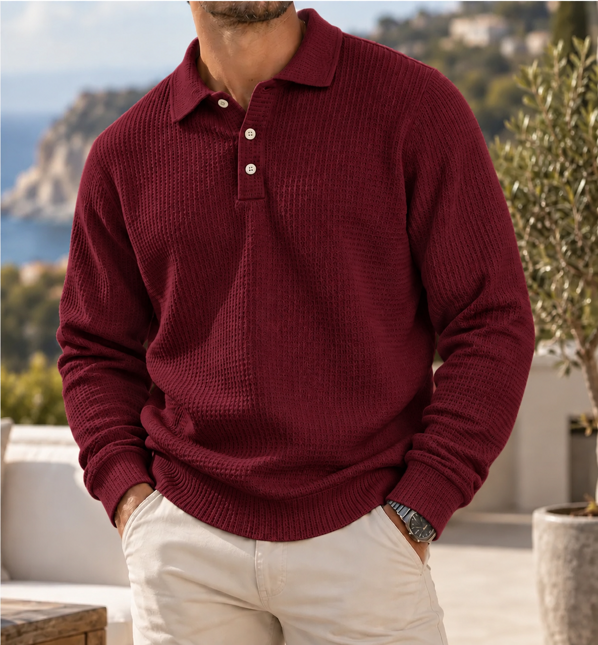 Men's Heritage Waffle Knit Polo Sweater Long Sleeve Casual Pullover