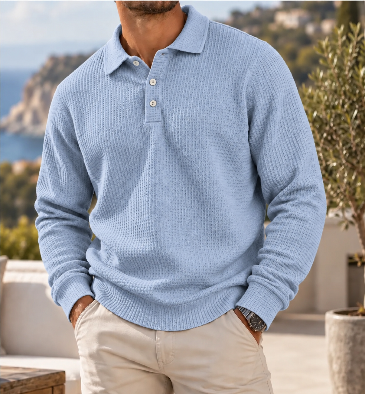 Men's Heritage Waffle Knit Polo Sweater Long Sleeve Casual Pullover