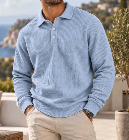 Men's Heritage Waffle Knit Polo Sweater Long Sleeve Casual Pullover
