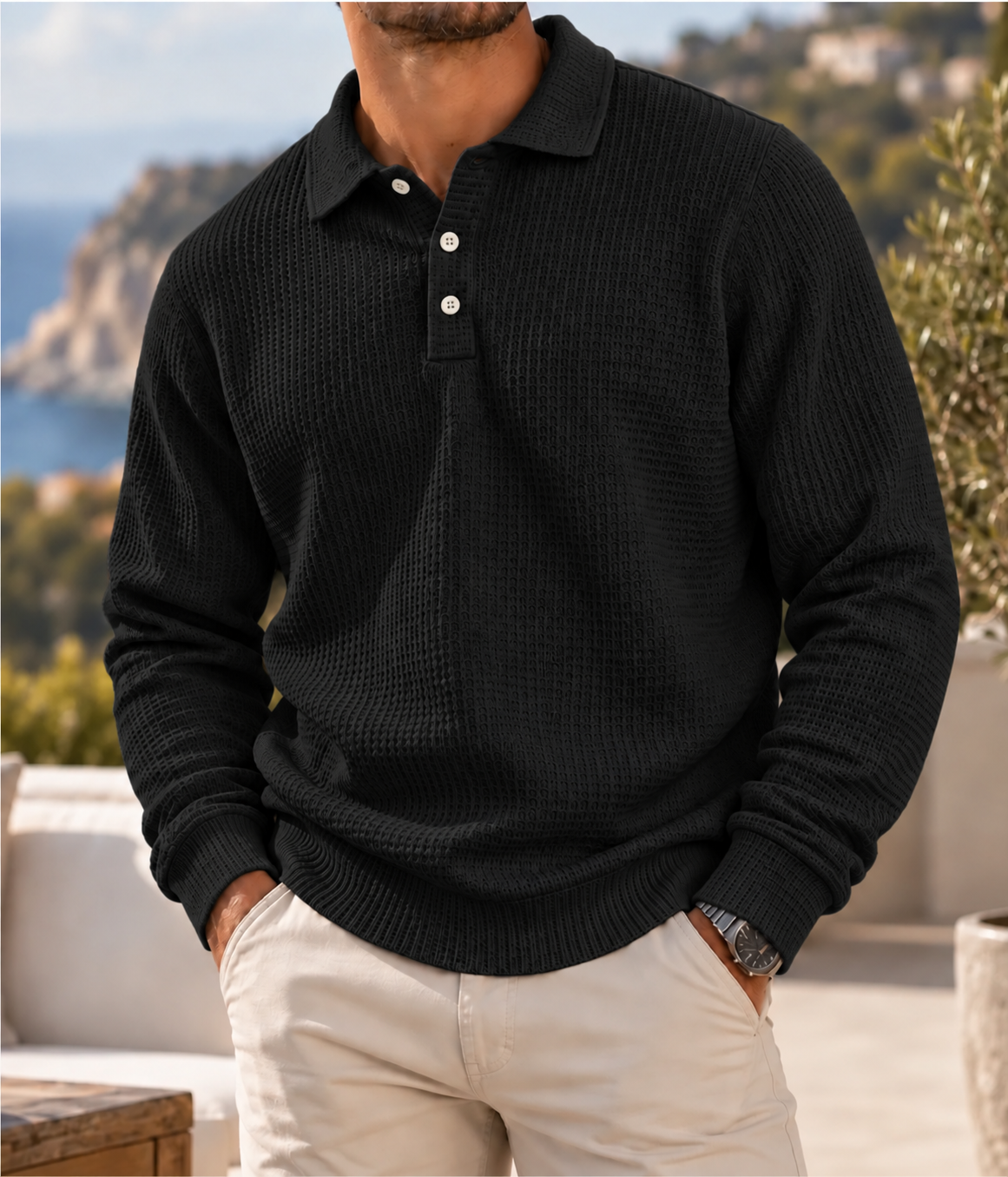 Men's Heritage Waffle Knit Polo Sweater Long Sleeve Casual Pullover