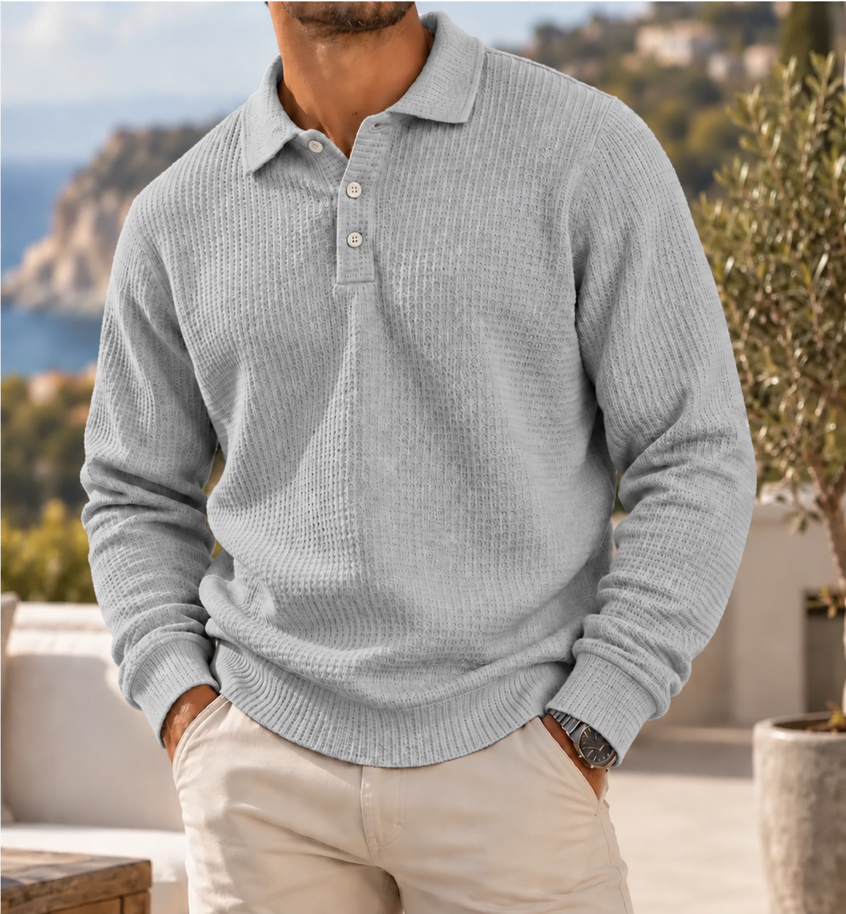 Men's Heritage Waffle Knit Polo Sweater Long Sleeve Casual Pullover