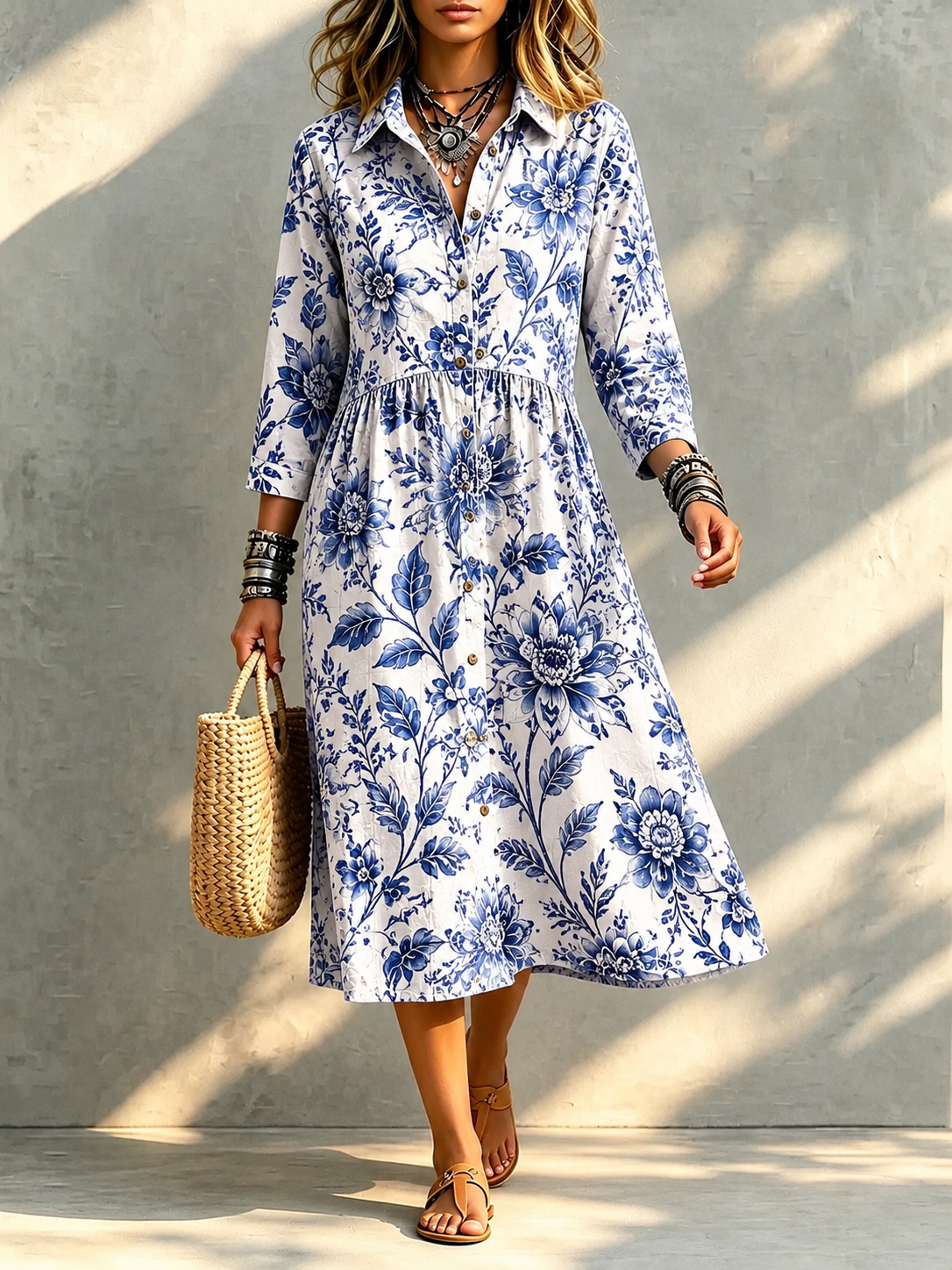 TODAY 49% OFF🔥 Santorini Bloom Midi Shirt Dress