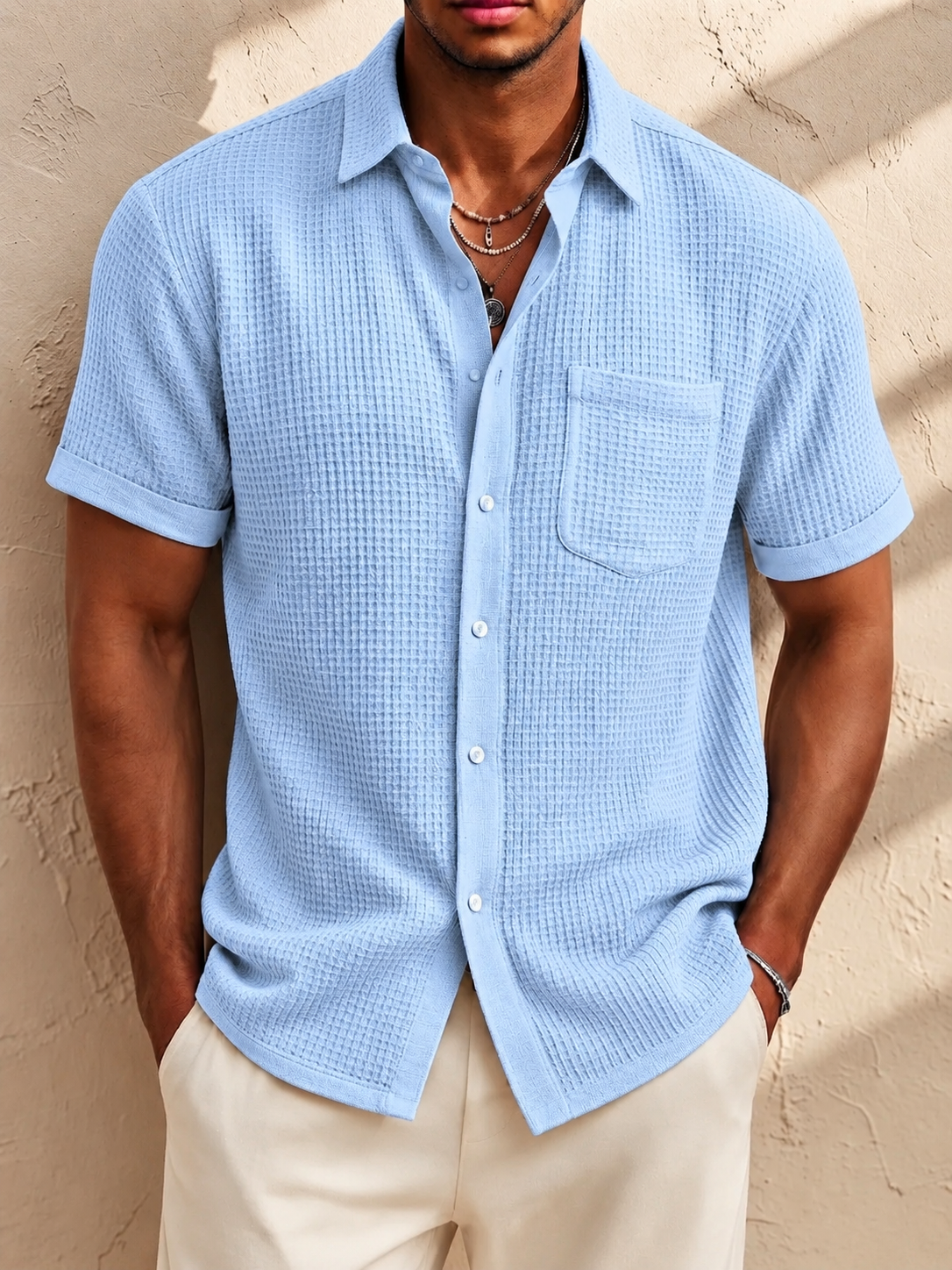 Men's Fashion Casual Retro Waffle & Linen Fabric Pocket Short-sleeved Shirt