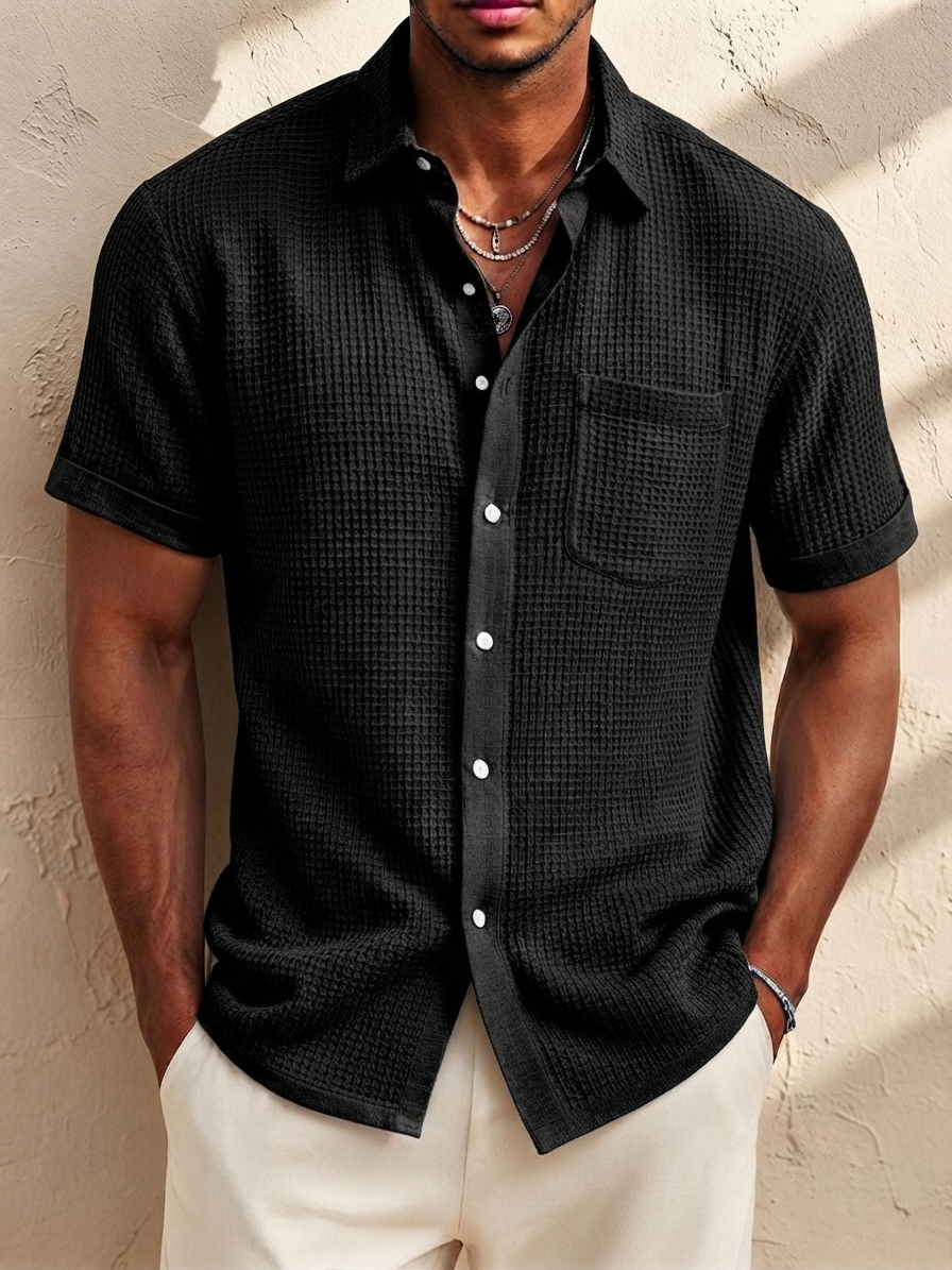 Men's Fashion Casual Retro Waffle Fabric Pocket Short-sleeved Shirt