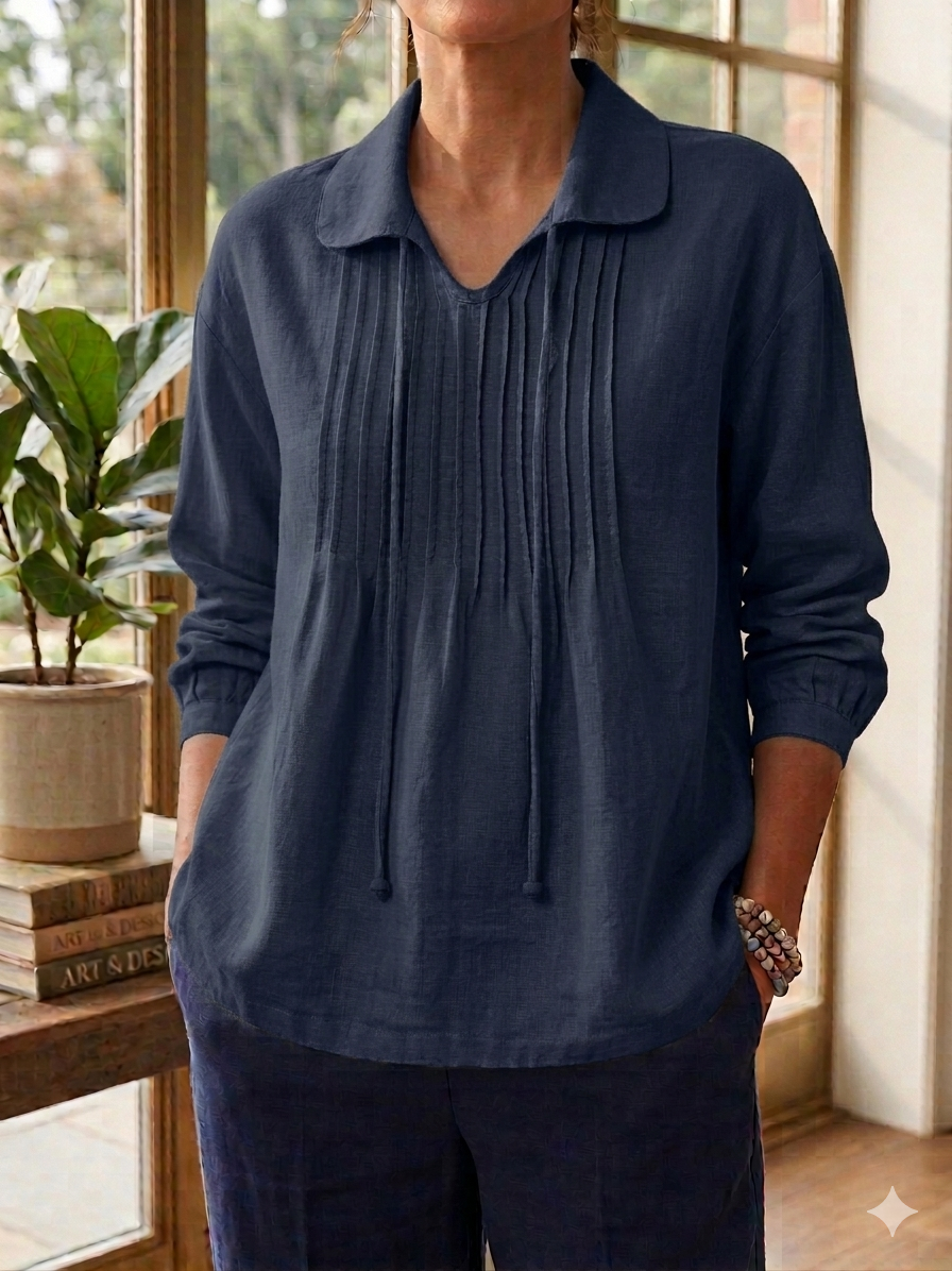 Women's Cotton Lapel Ruffle Tie Long Sleeve Loose Matching Shirt