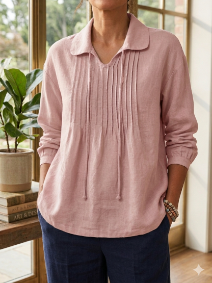 Women's Cotton Lapel Ruffle Tie Long Sleeve Loose Matching Shirt