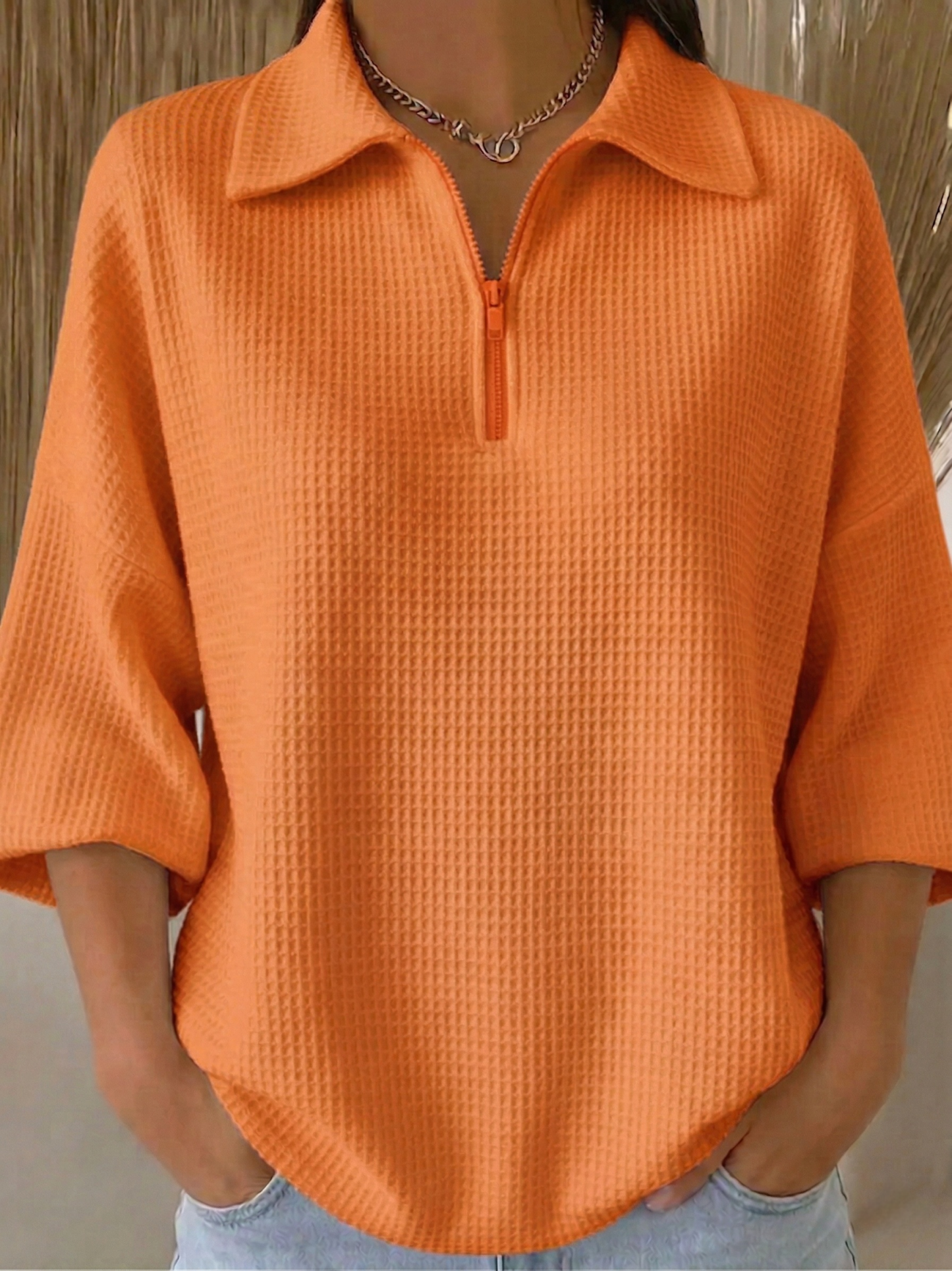 New Arrivals🔥 Women's Casual Polo Zipper 4/3 Sleeves Waffle-knit T-shirt
