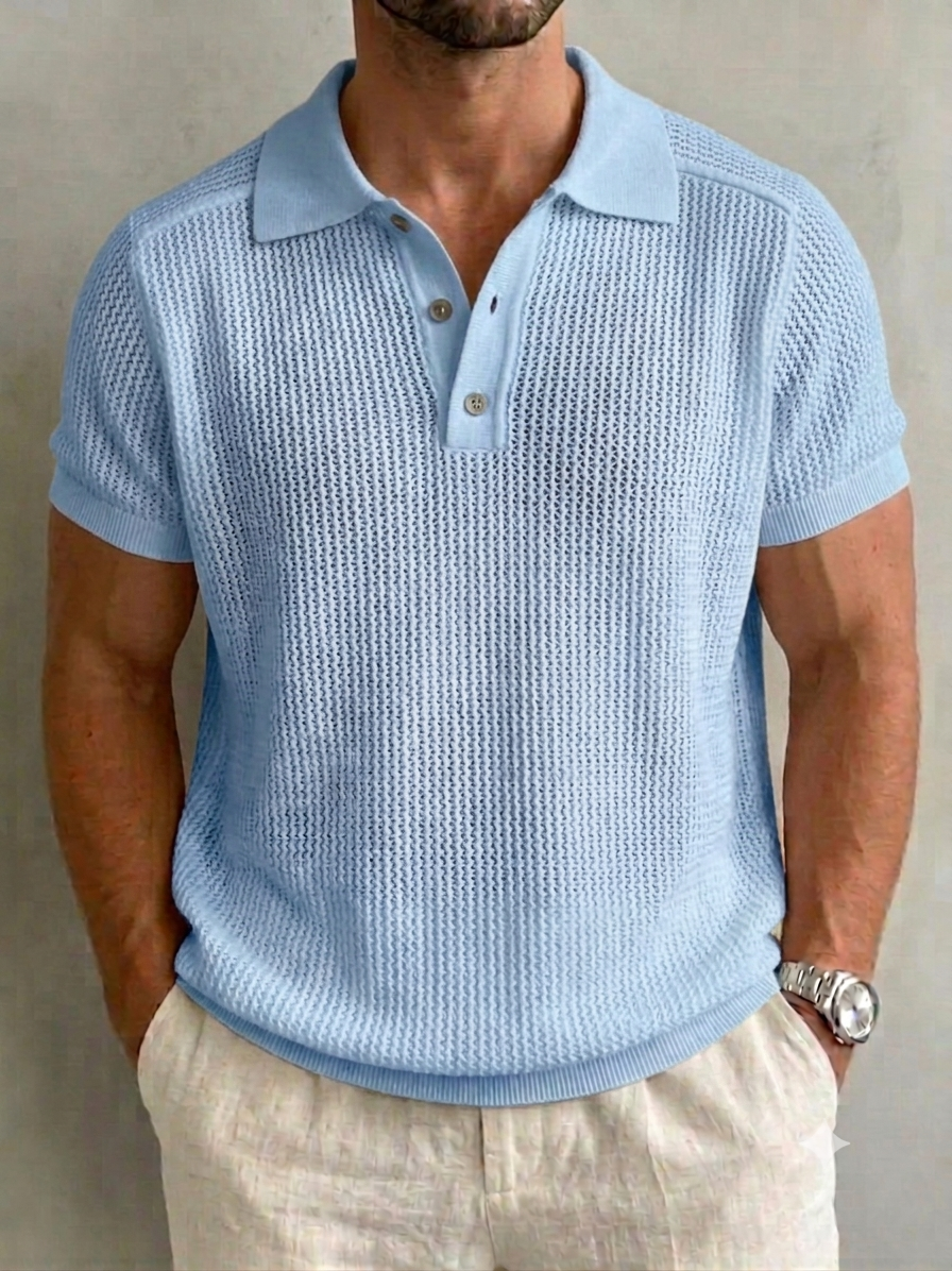 Men’s Openwork Knit Button-Down Set-in Sleeve Polo Shirt