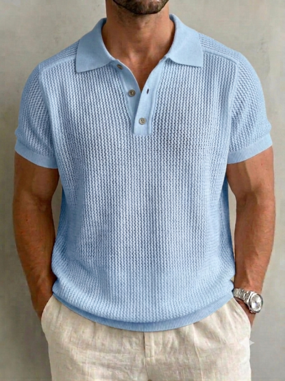 Men’s Openwork Knit Button-Down Set-in Sleeve Polo Shirt