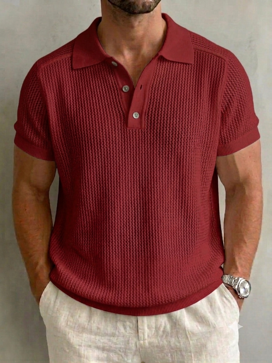 Men’s Openwork Knit Button-Down Set-in Sleeve Polo Shirt