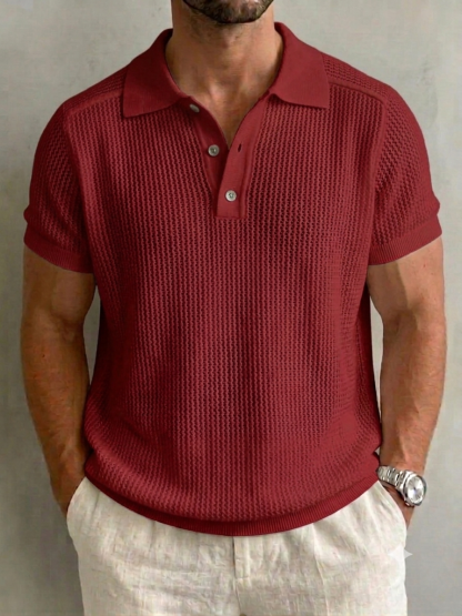 Men’s Openwork Knit Button-Down Set-in Sleeve Polo Shirt