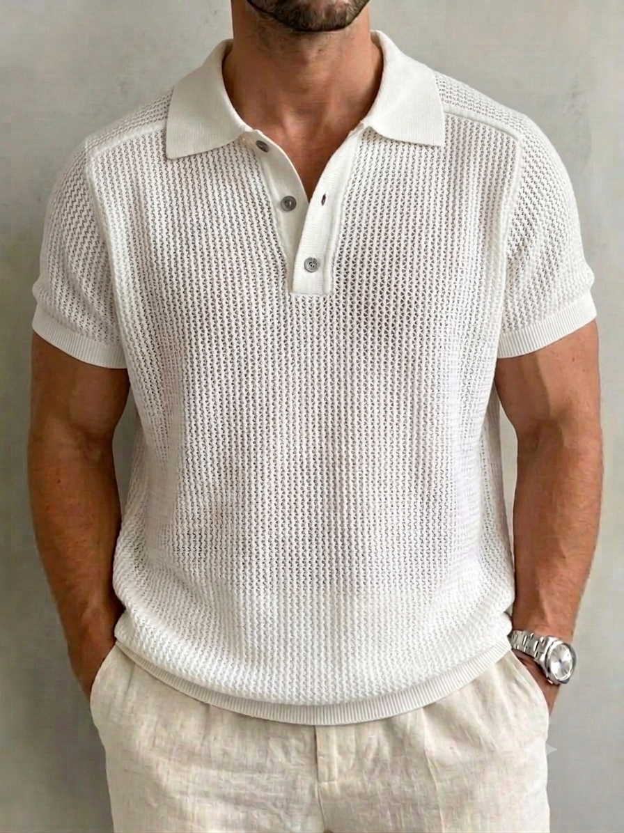 Men’s Openwork Knit Button-Down Set-in Sleeve Polo Shirt