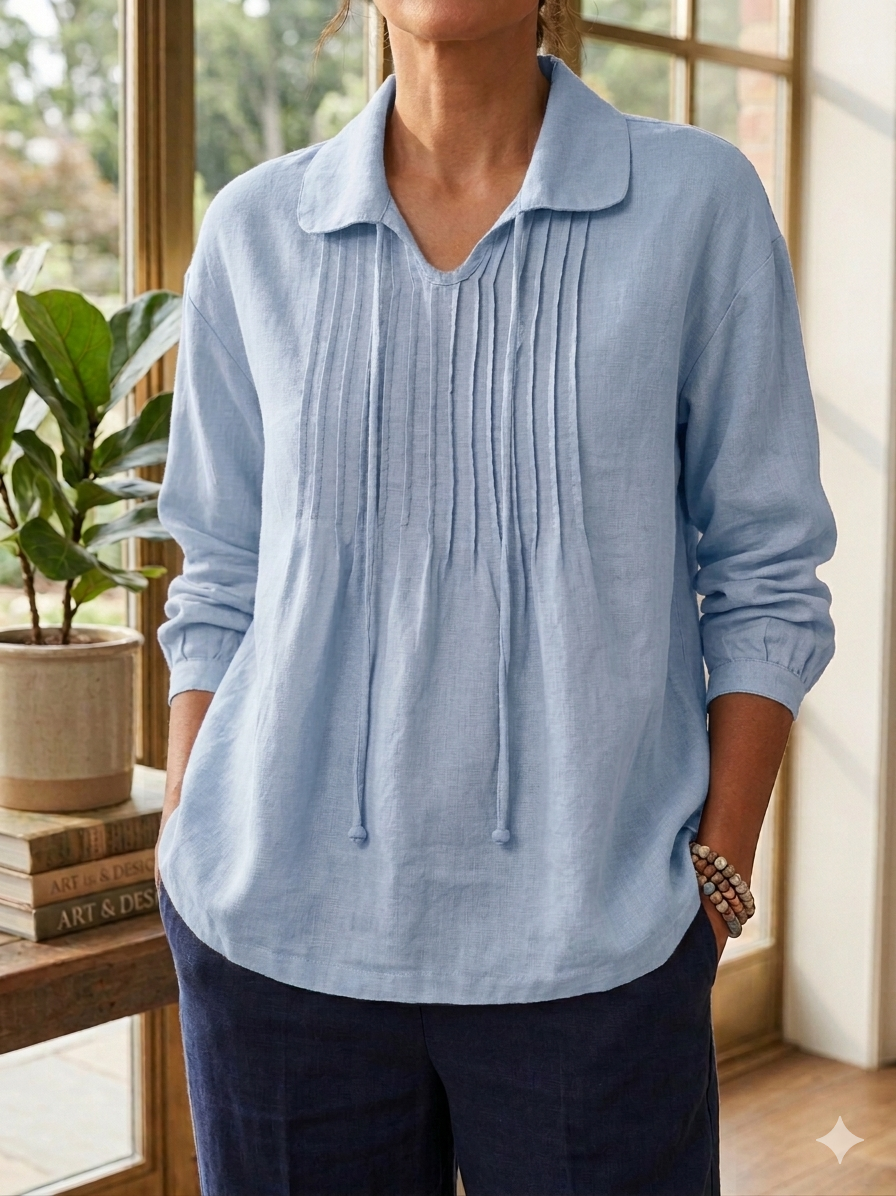 Women's Cotton Lapel Ruffle Tie Long Sleeve Loose Matching Shirt