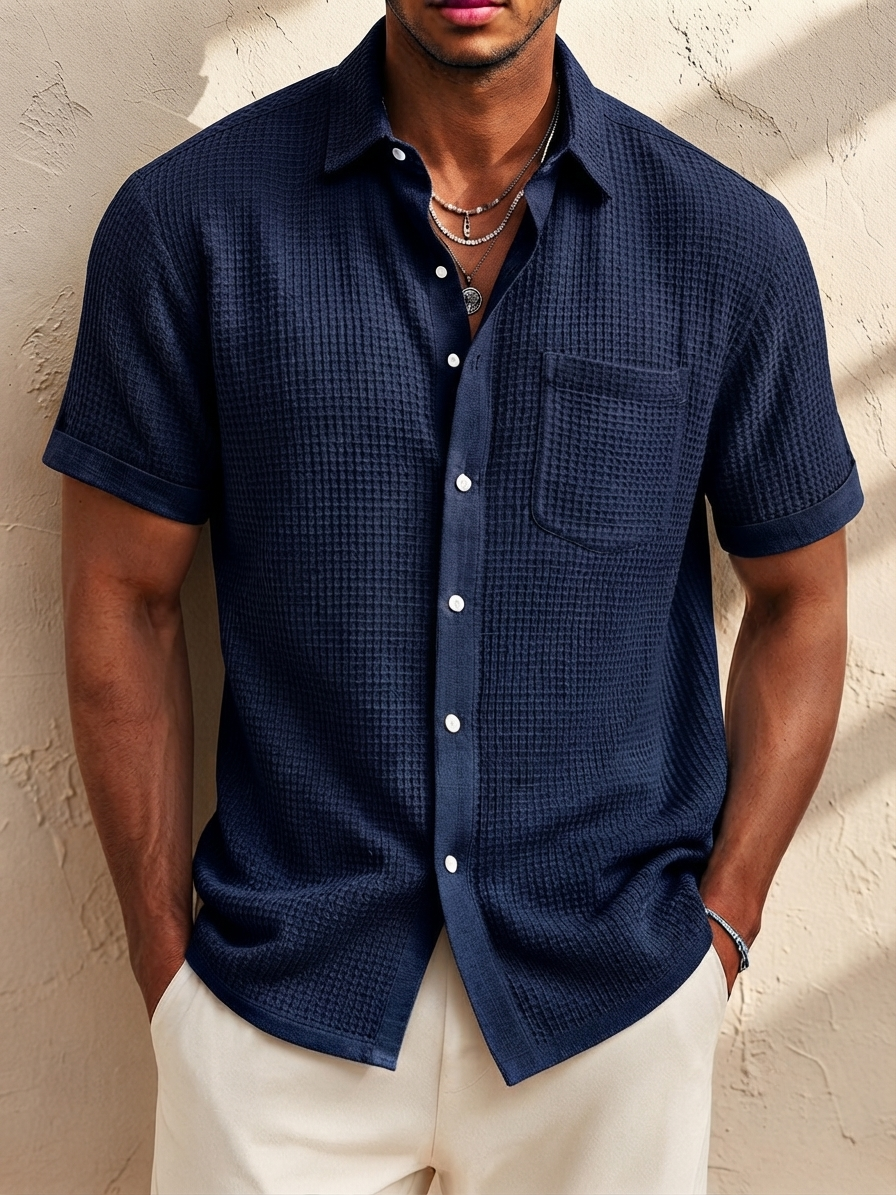 Men's Fashion Casual Retro Waffle Fabric Pocket Short-sleeved Shirt