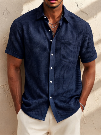 Men's Fashion Casual Retro Waffle Fabric Pocket Short-sleeved Shirt
