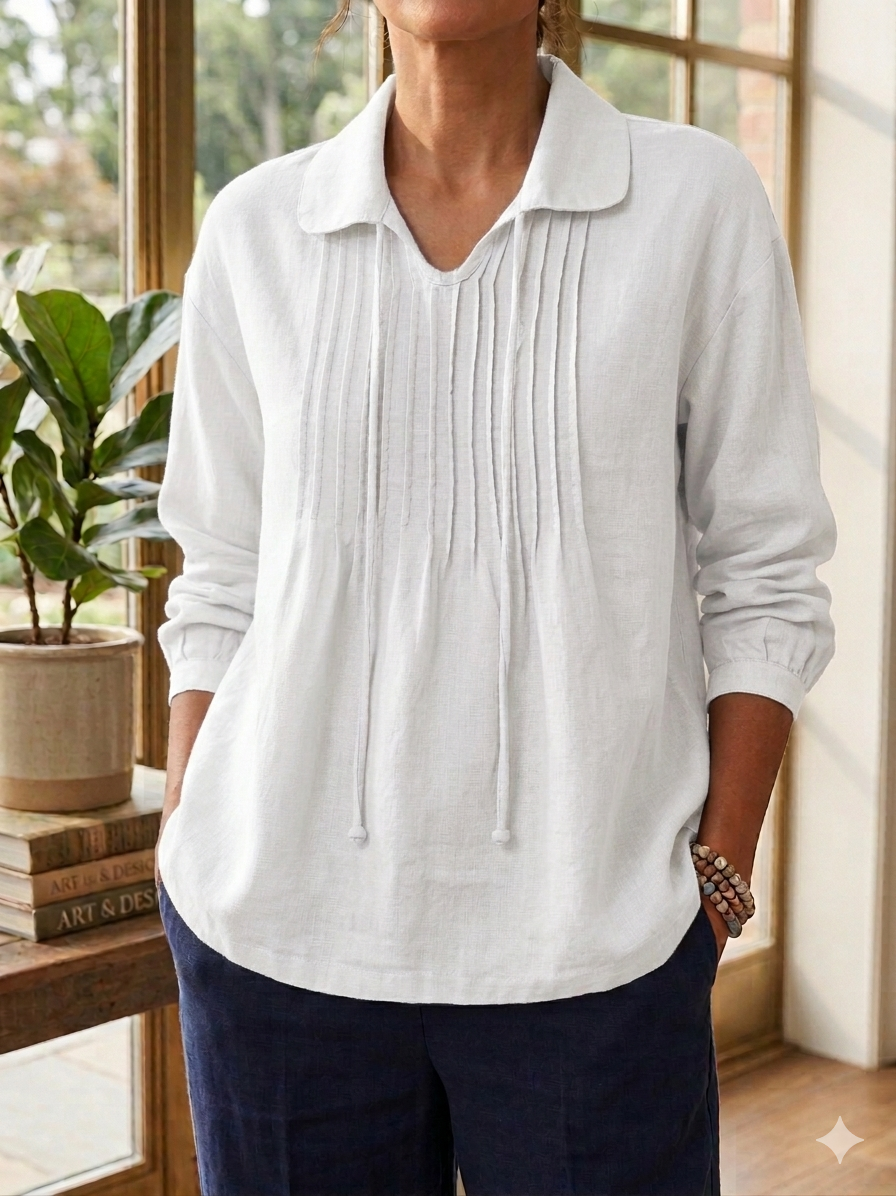 Women's Cotton Lapel Ruffle Tie Long Sleeve Loose Matching Shirt