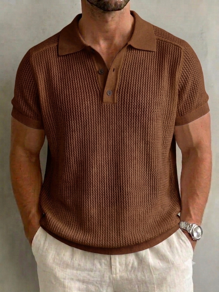 Men’s Openwork Knit Button-Down Set-in Sleeve Polo Shirt