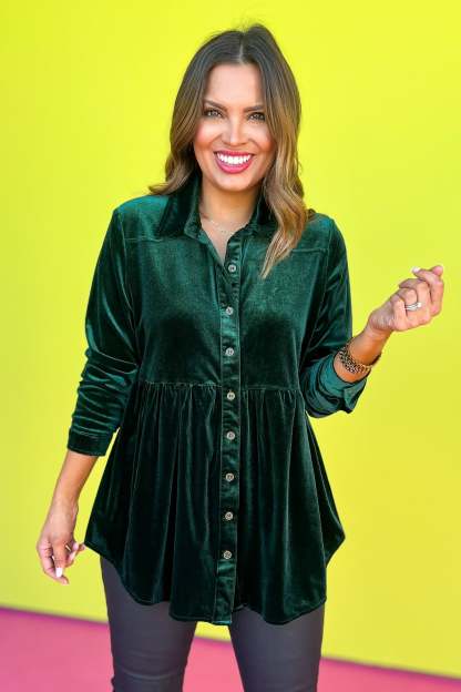Evergreen Button Down Pleated High Low Tunic Velvet Top
