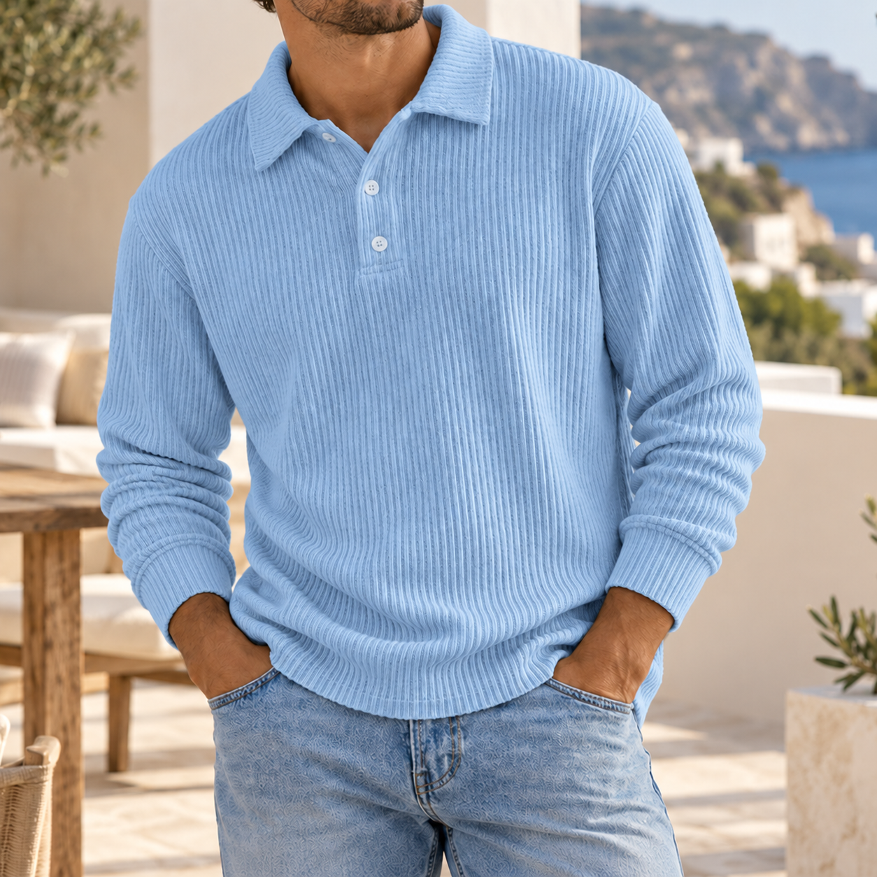 Men's Ribbed Knit Polo Sweater Long Sleeve Relaxed Fit Casual Pullover